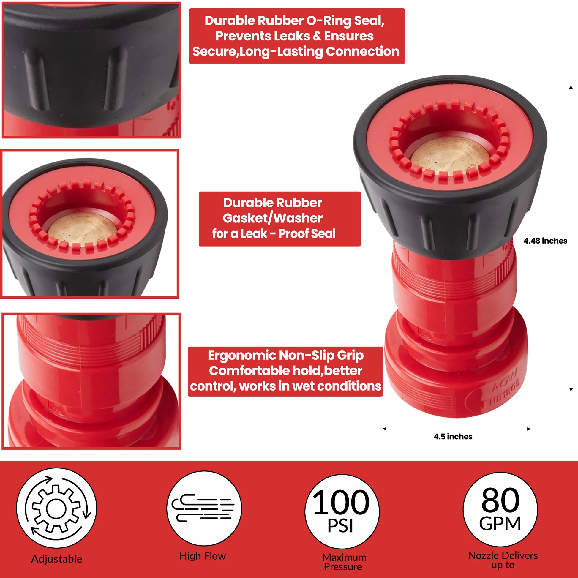 Red and black garden hose nozzle with features highlighted on a white background
