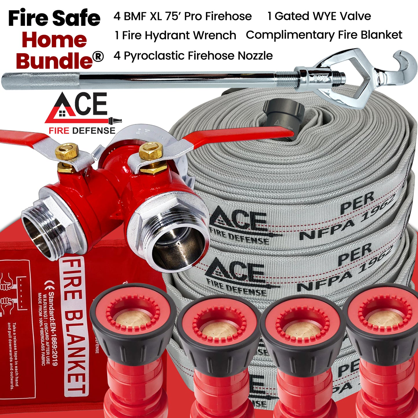 Fire safety home bundle with hose, nozzles, and valve from ACE Fire Defense.