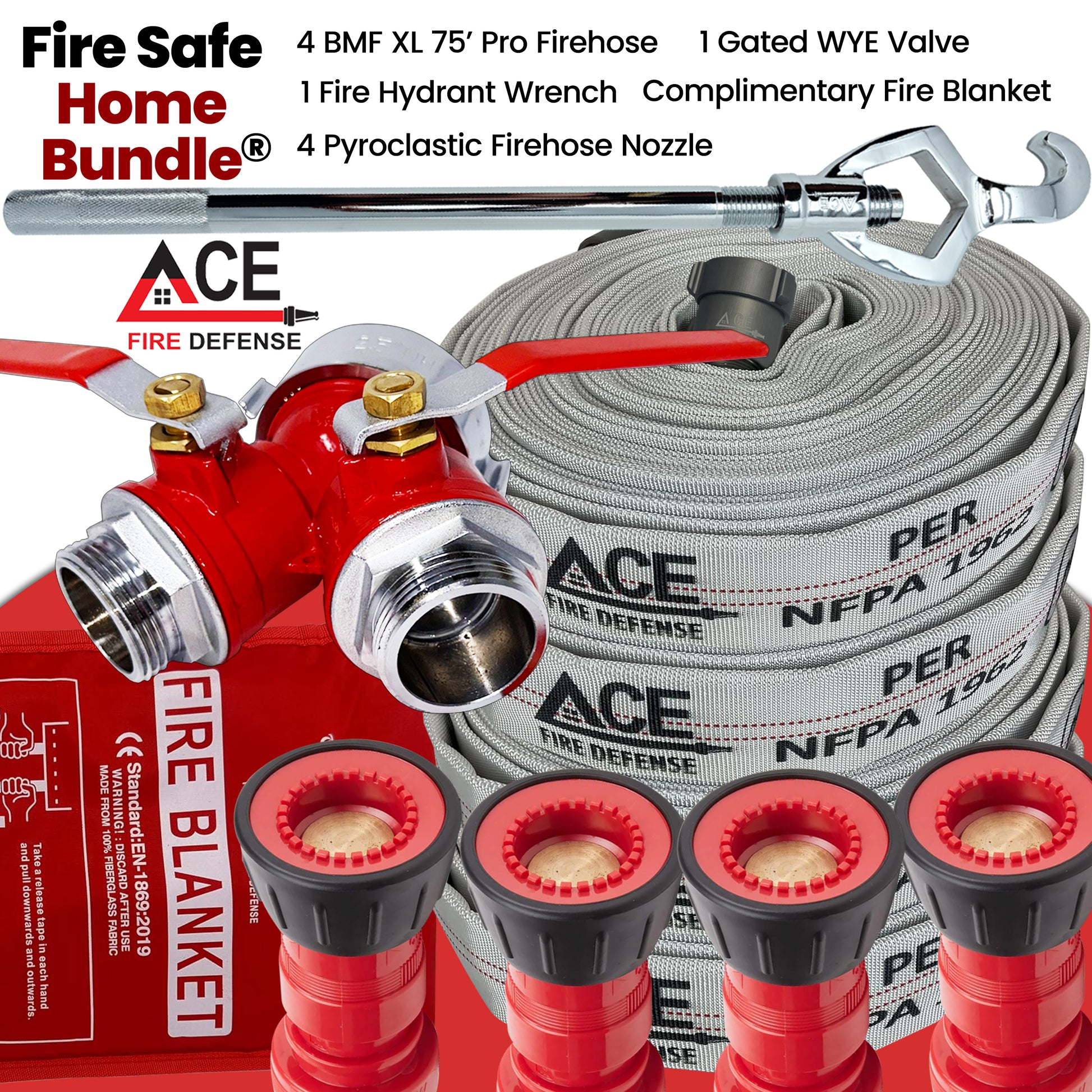 Fire safety home bundle with hose, nozzles, and valve from ACE Fire Defense.