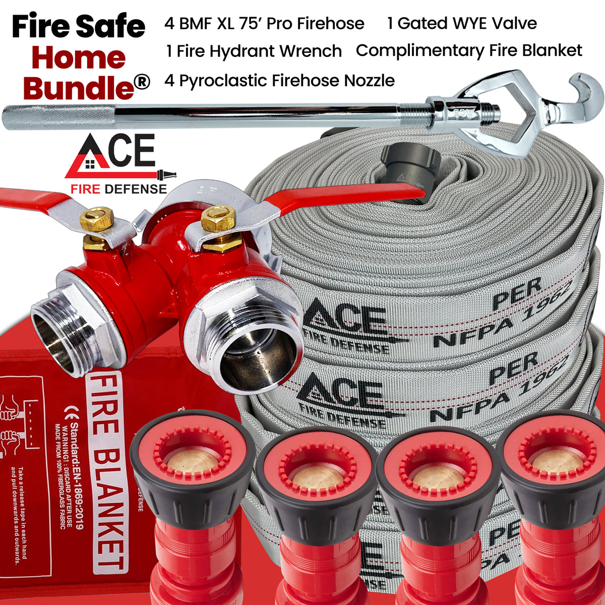 Fire safety home bundle with hose, nozzles, and valve from ACE Fire Defense.