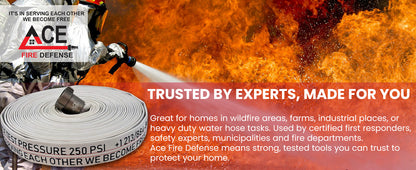 Firefighters using BMF XL.01 fire hose with Ace Fire Defense branding.using BMF XL.01 fire hose with Ace Fire Defense branding.