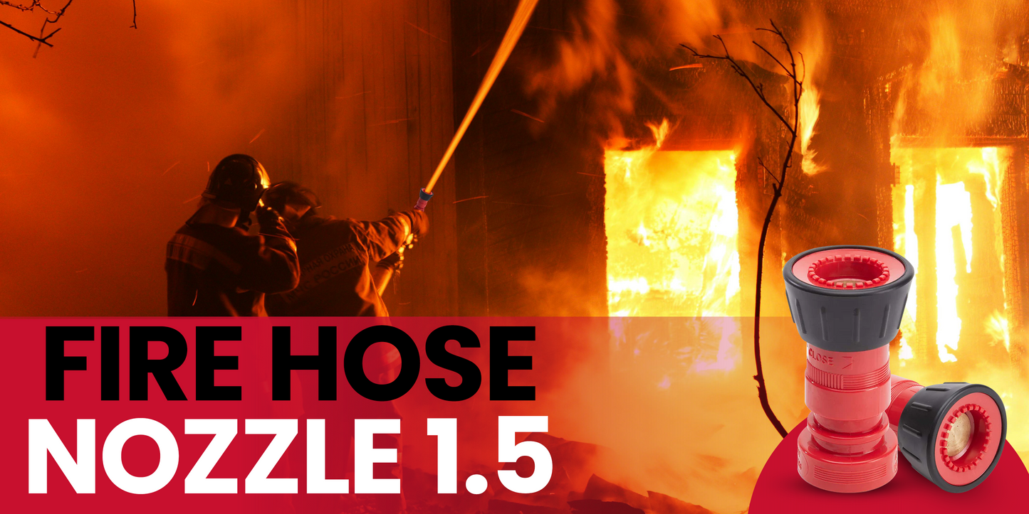 Fire hose nozzle with flames and firefighters in the background