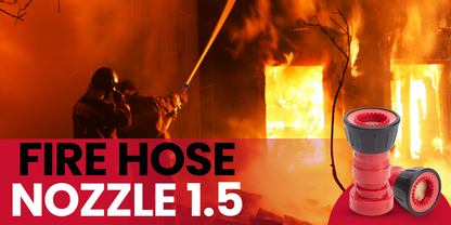 Fire hose nozzle with flames and firefighters in the background