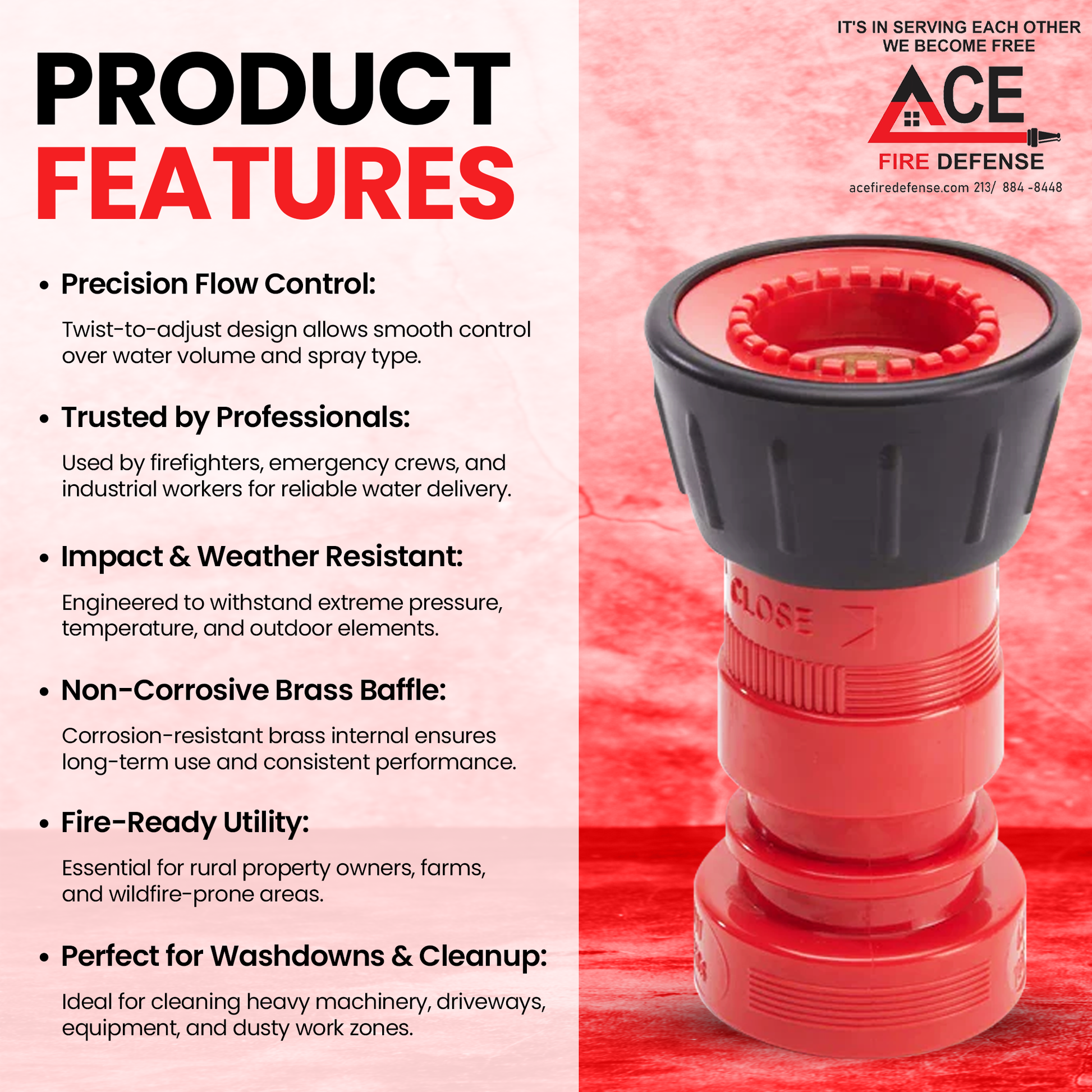 Red fire hose nozzle with product features on a red and white background, featuring the Ace Fire Defense brand.