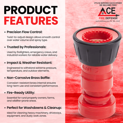 Red fire hose nozzle with product features on a red and white background, featuring the Ace Fire Defense brand.