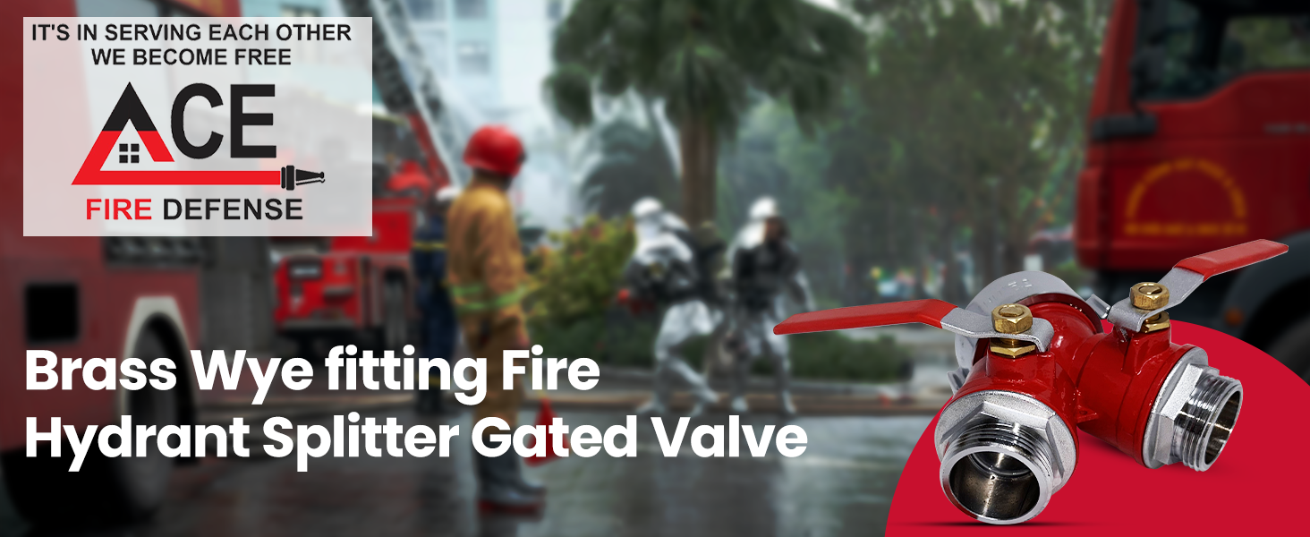 Fire hydrant splitter gated valve with Ace Fire Defense branding and firefighters in the background.