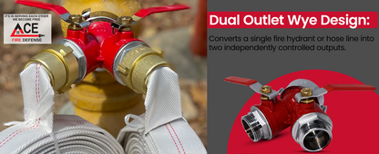 Fire hydrant with dual outlet wye design and ACE Fire Defense logo.
