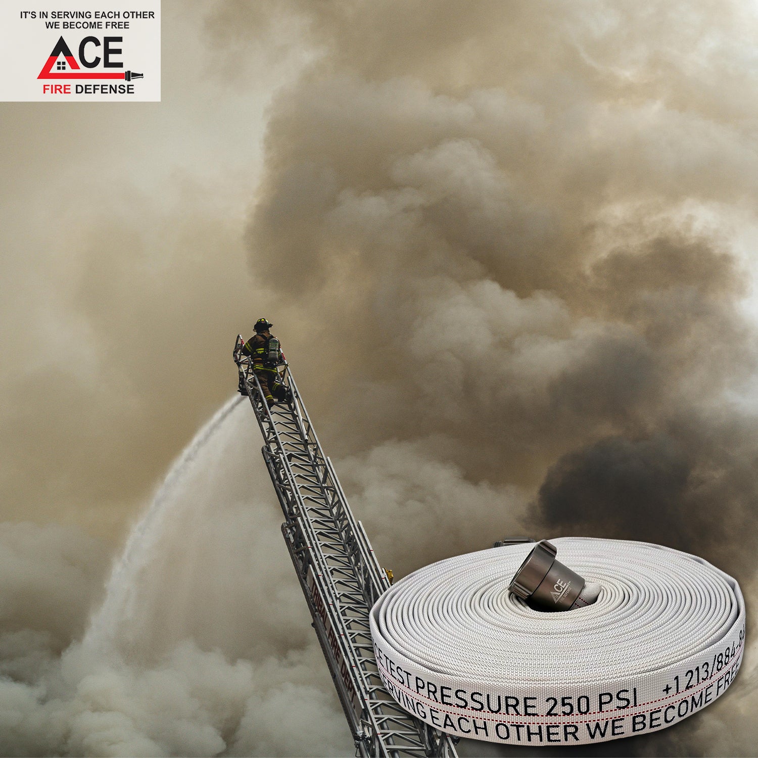 Firefighter on a ladder with a hose against a backdrop of smoke, featuring ACE Fire Defense logo.