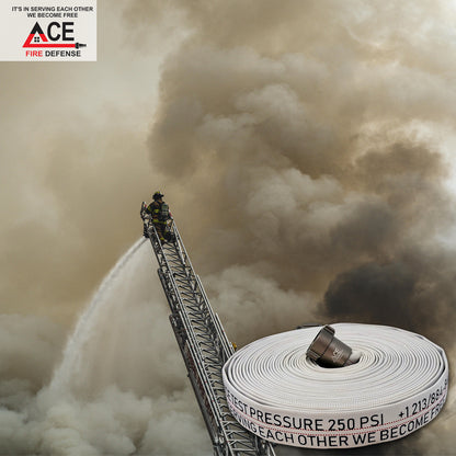 Firefighter on a ladder with a hose against a backdrop of smoke, featuring ACE Fire Defense logo.