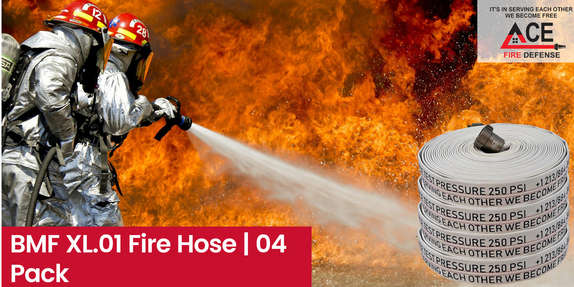 Firefighters using a fire hose with a roll of fire hose and ACE Fire Defense logo in the background.