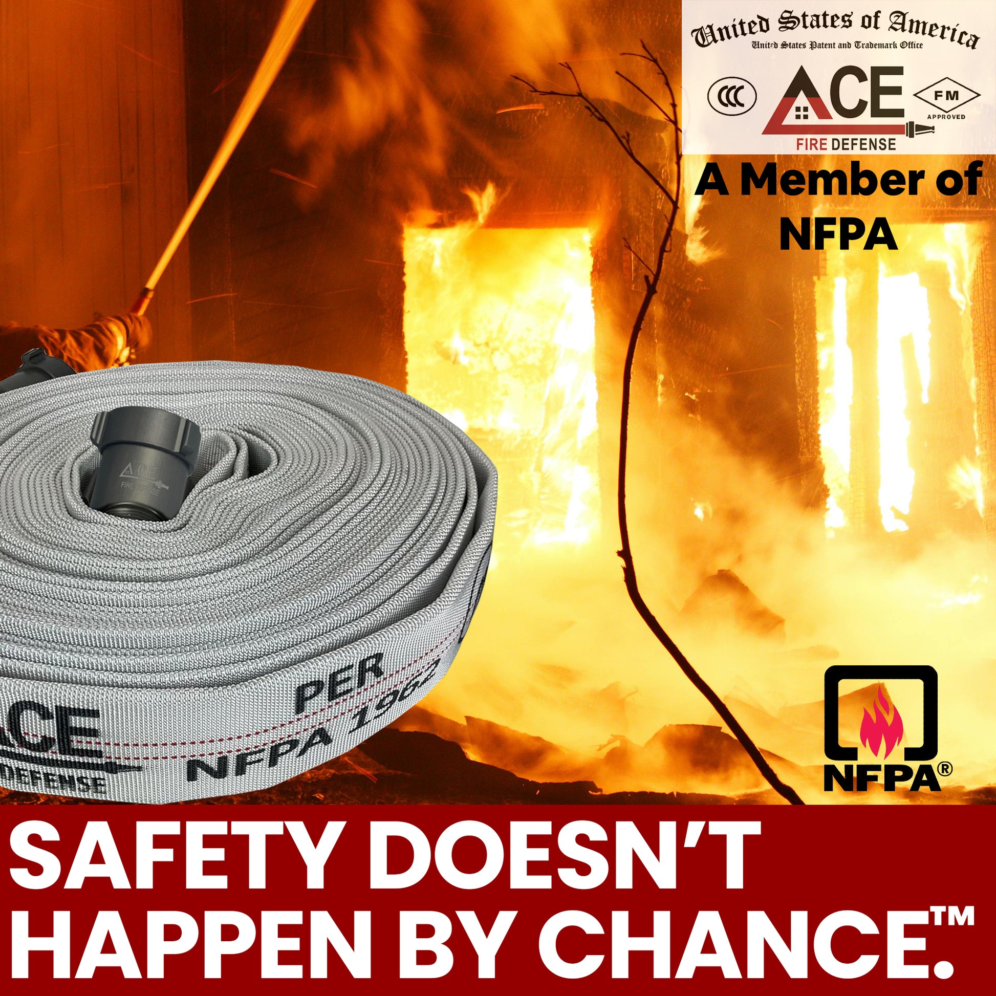 Fire hose with ACE Fire Defense branding against a fiery background, featuring NFPA logos.