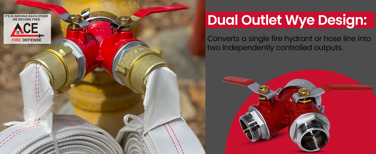Fire hydrant with dual outlet wye design and ACE Fire Defense logo.