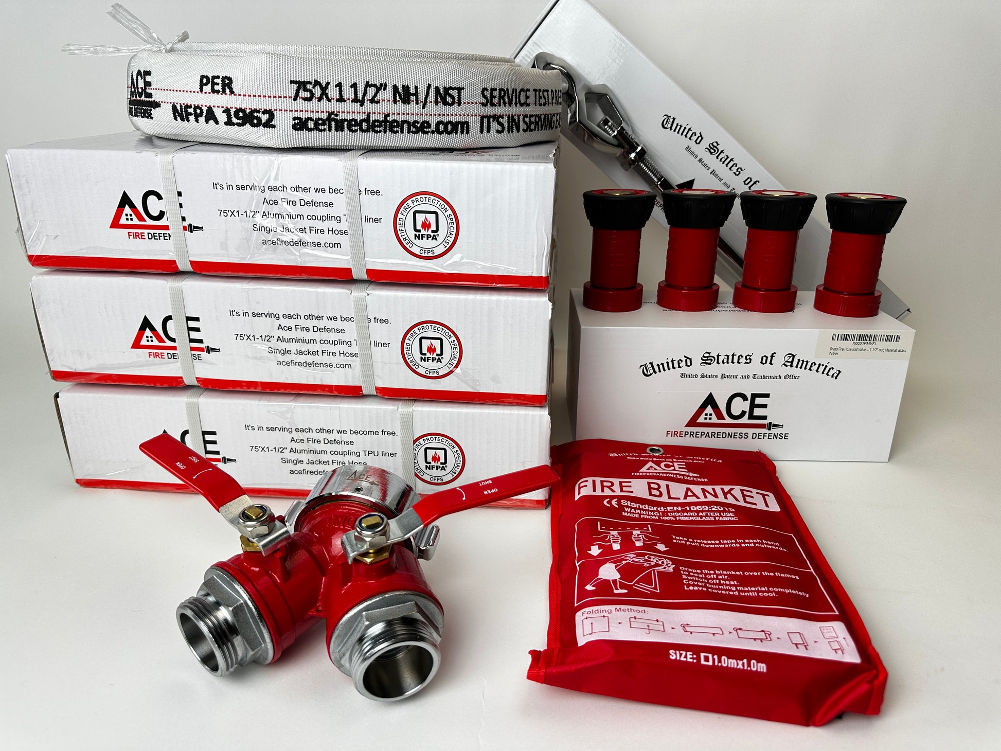 The image shows a Fire Safe Home Bundle package including various fire safety equipment such as fire hoses, a hydrant wrench, and a fire blanket.