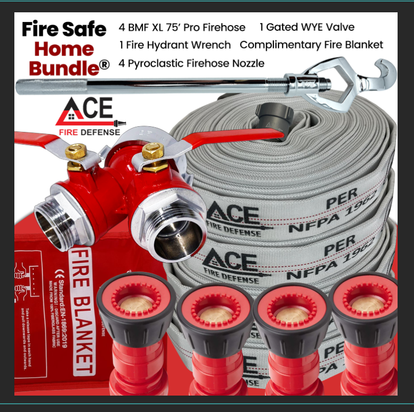 Fire safety bundle with fire hose, nozzle, and other components on a white background