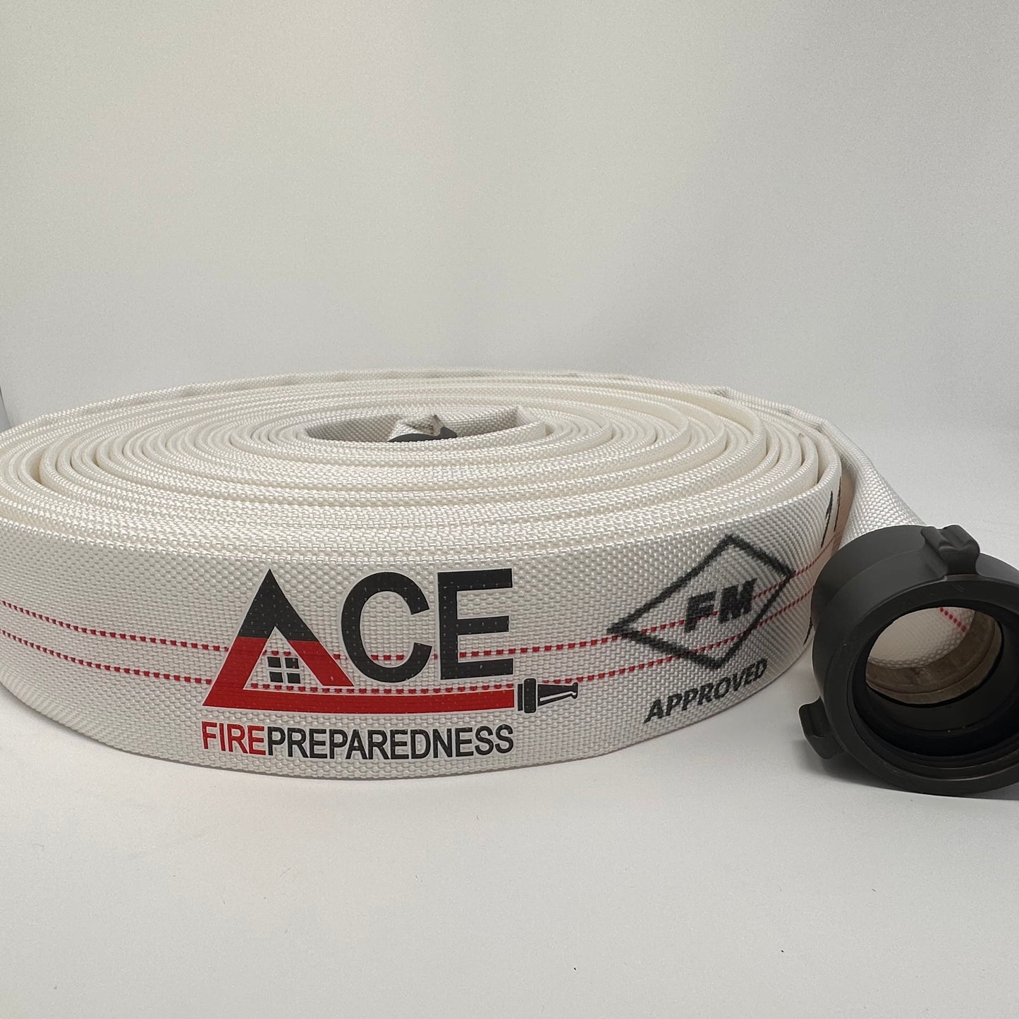 Professional Fire Hose 75’ x 1.5”, Folded or Coiled, NH /NST Aluminum Couplings, TPU Lining, FM Approved for occupant use.