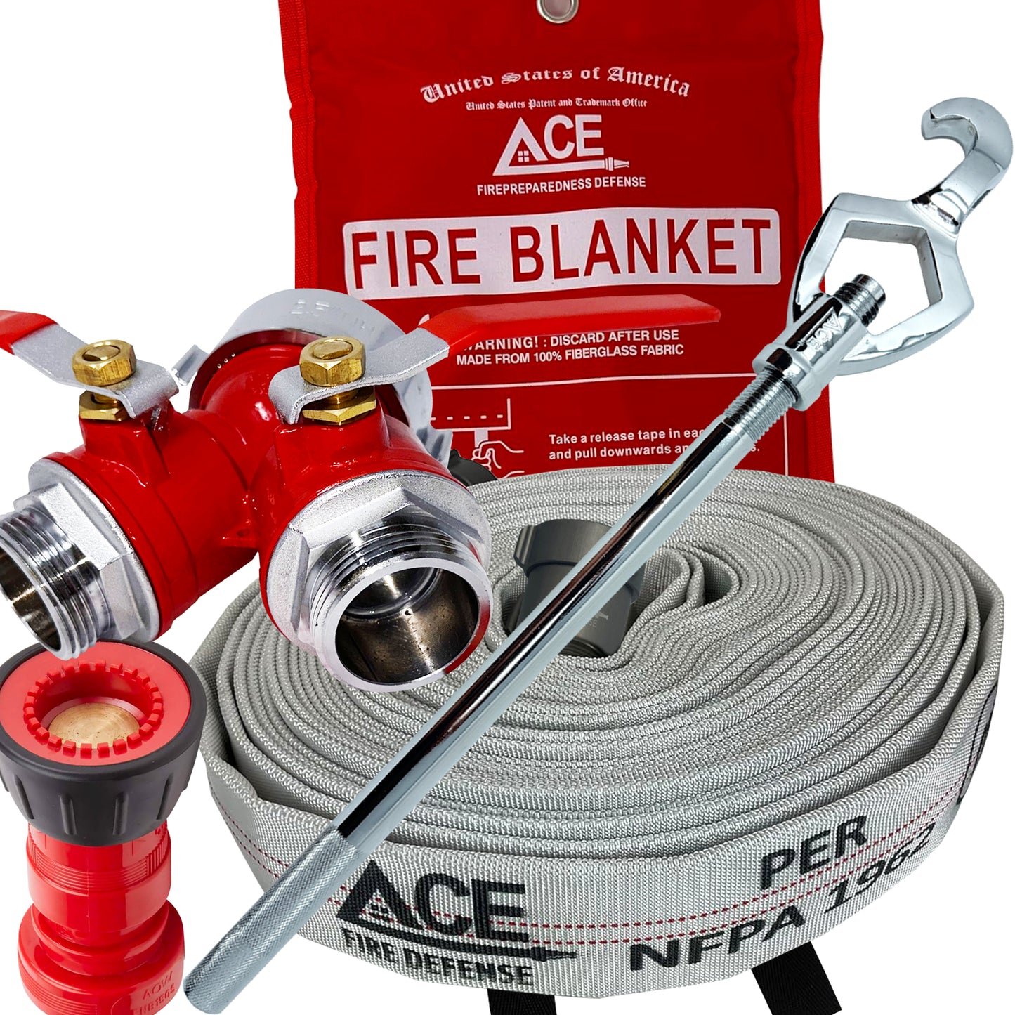Fire safety equipment including a fire blanket, hose, and nozzles on a white background.