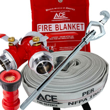 Fire safety equipment including a fire blanket, hose, and nozzles on a white background.