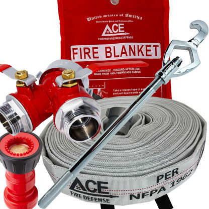 Fire safety equipment including a fire blanket, hose, and nozzles on a white background.