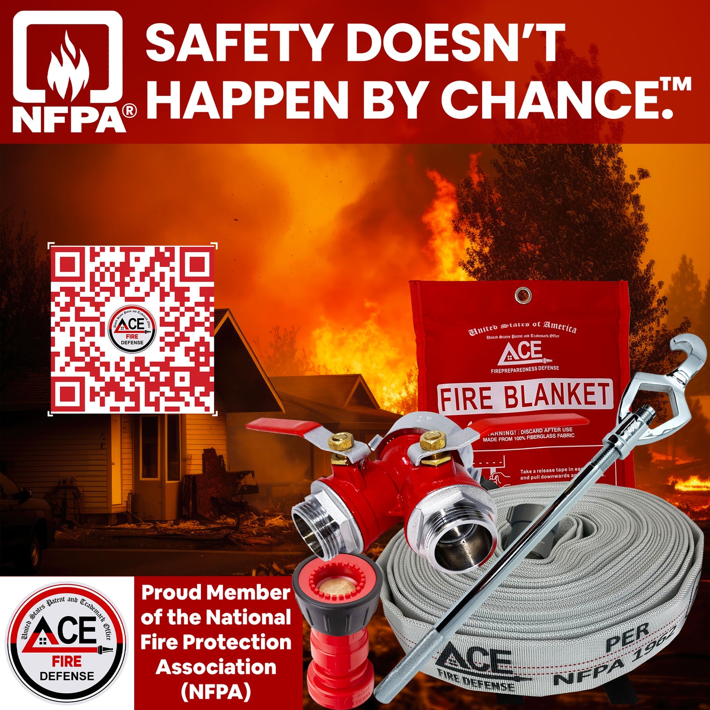 Firefighting equipment with ACE Fire Defense branding against a fiery background, featuring the NFPA logo.