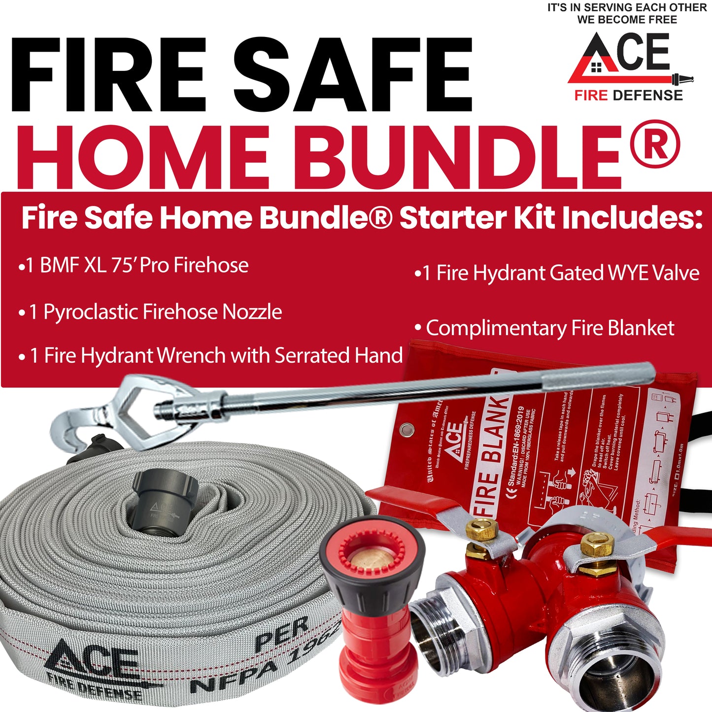 Fire Safe Home Bundle Starter Kit with fire hose, nozzle, and valve on a red background.