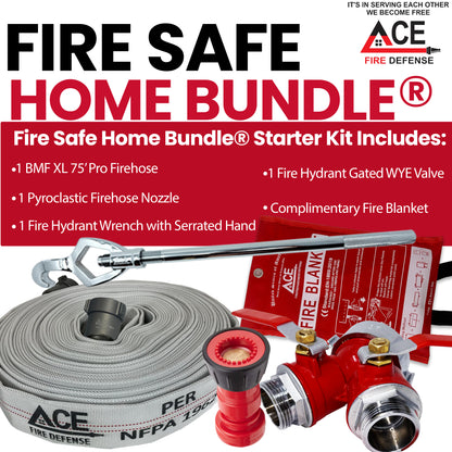 Fire Safe Home Bundle Starter Kit with fire hose, nozzle, and valve on a red background.