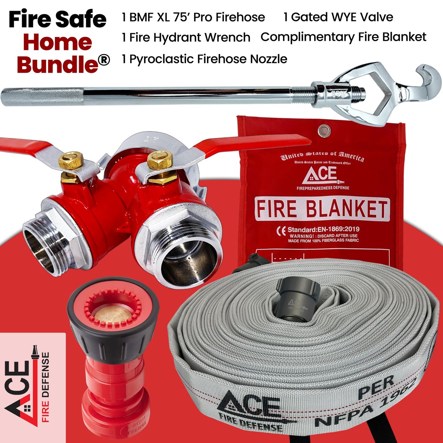 Fire safety home bundle with fire hose, nozzle, valve, and blanket on a red background