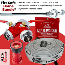 Fire safety home bundle with fire hose, nozzle, valve, and blanket on a red background