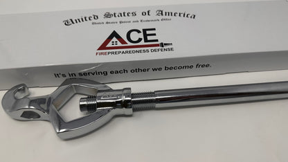 Chrome-plated heavy-duty wrench with serrated handle, displayed in front of its packaging that reads 'Ace Fire Defense' and 'In serving each other we become free.'.