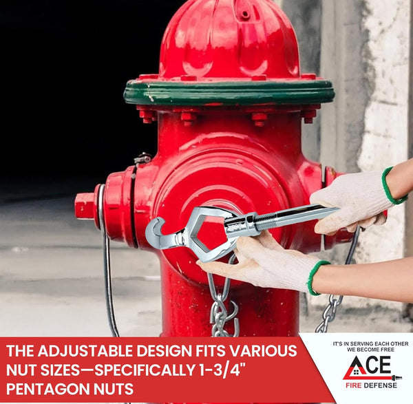 Red fire hydrant with a wrench being used on it, against a blurred background.