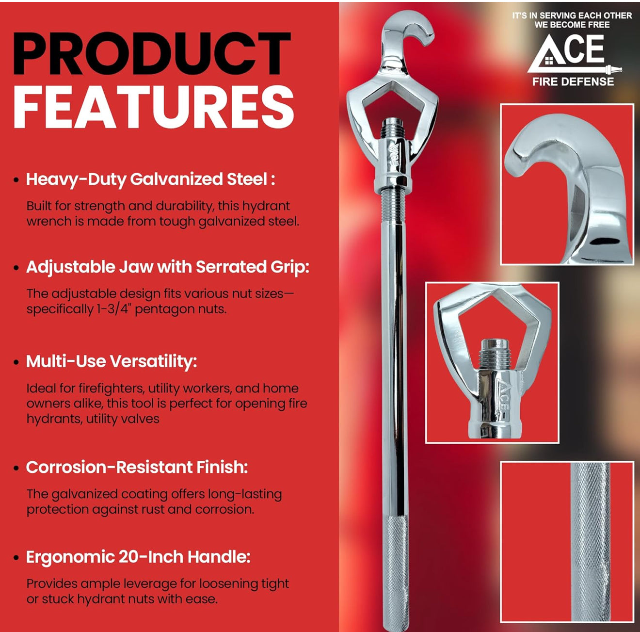 Hydrant wrench with features listed on a red background, featuring Ace Fire Defense branding.