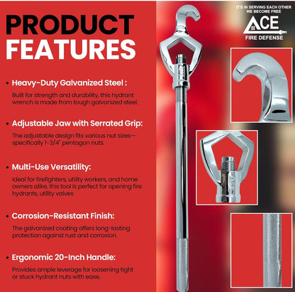 Hydrant wrench with features listed on a red background, featuring Ace Fire Defense branding.
