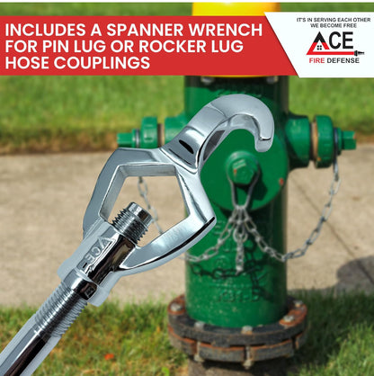 Spanner wrench for pin lug or rocker lug hose couplings with a green fire hydrant in the background, featuring Ace Fire Defense logo.
