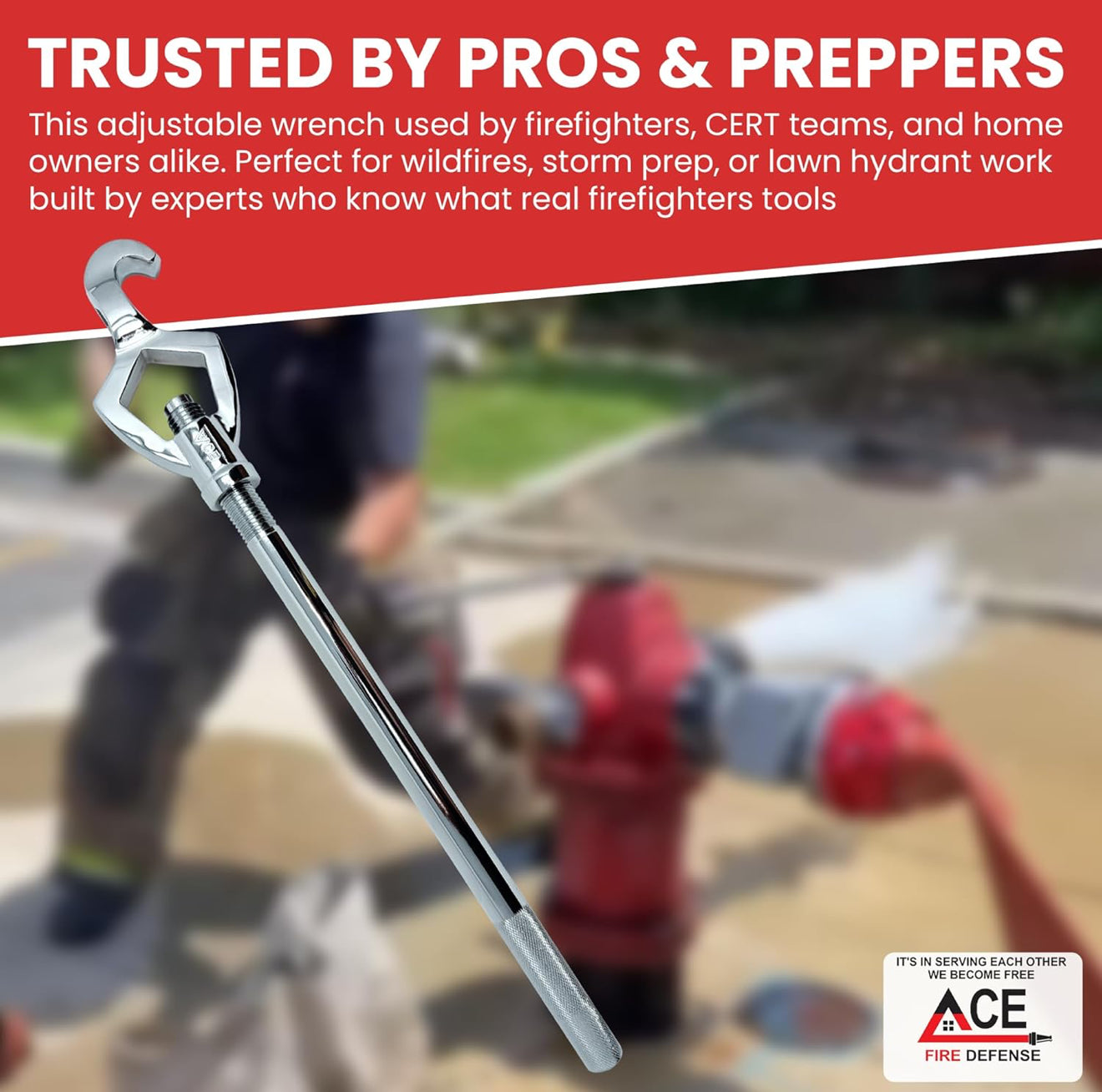 Adjustable wrench being used on a fire hydrant with promotional text about its use by professionals and preppers.