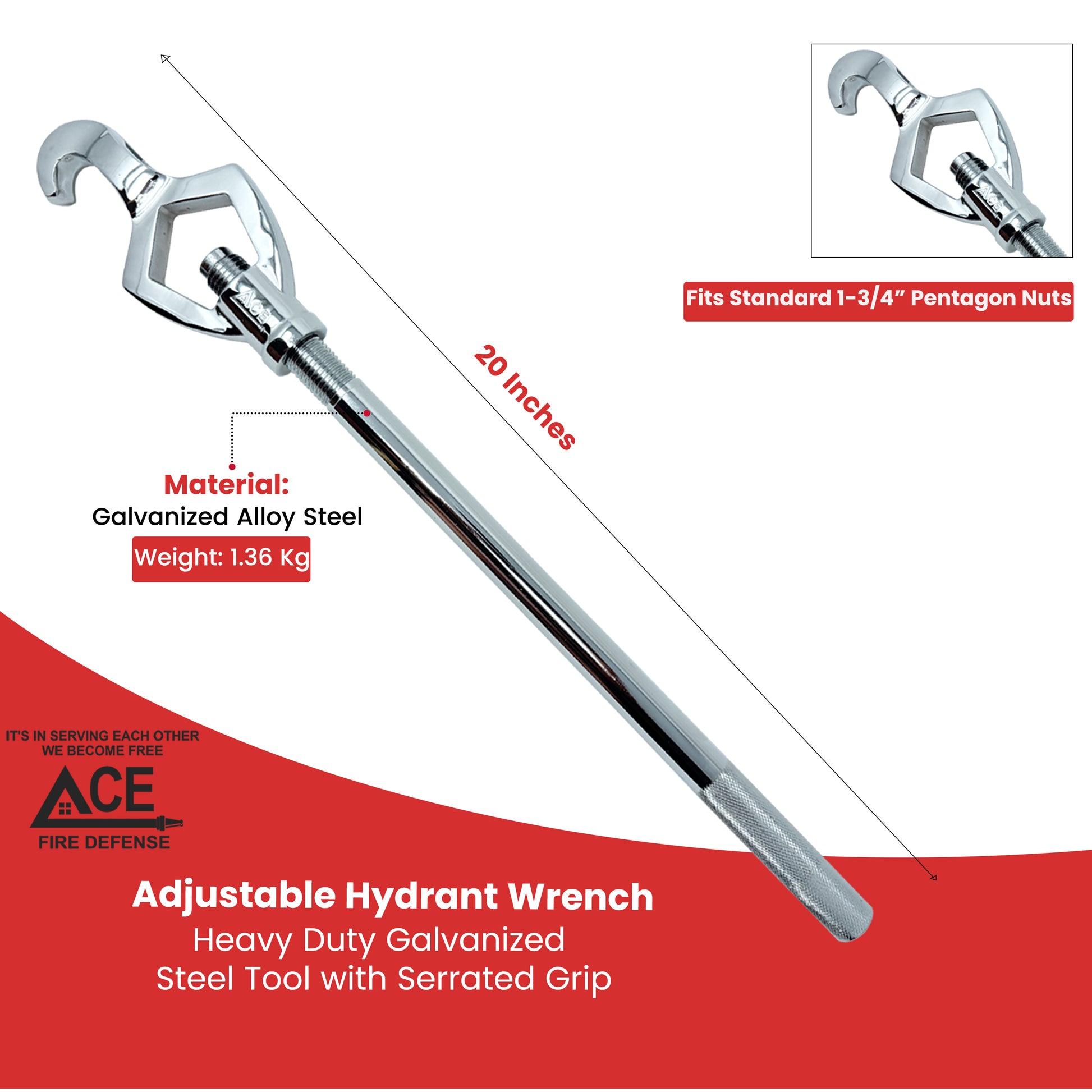 Adjustable hydrant wrench with specifications on a red and white background