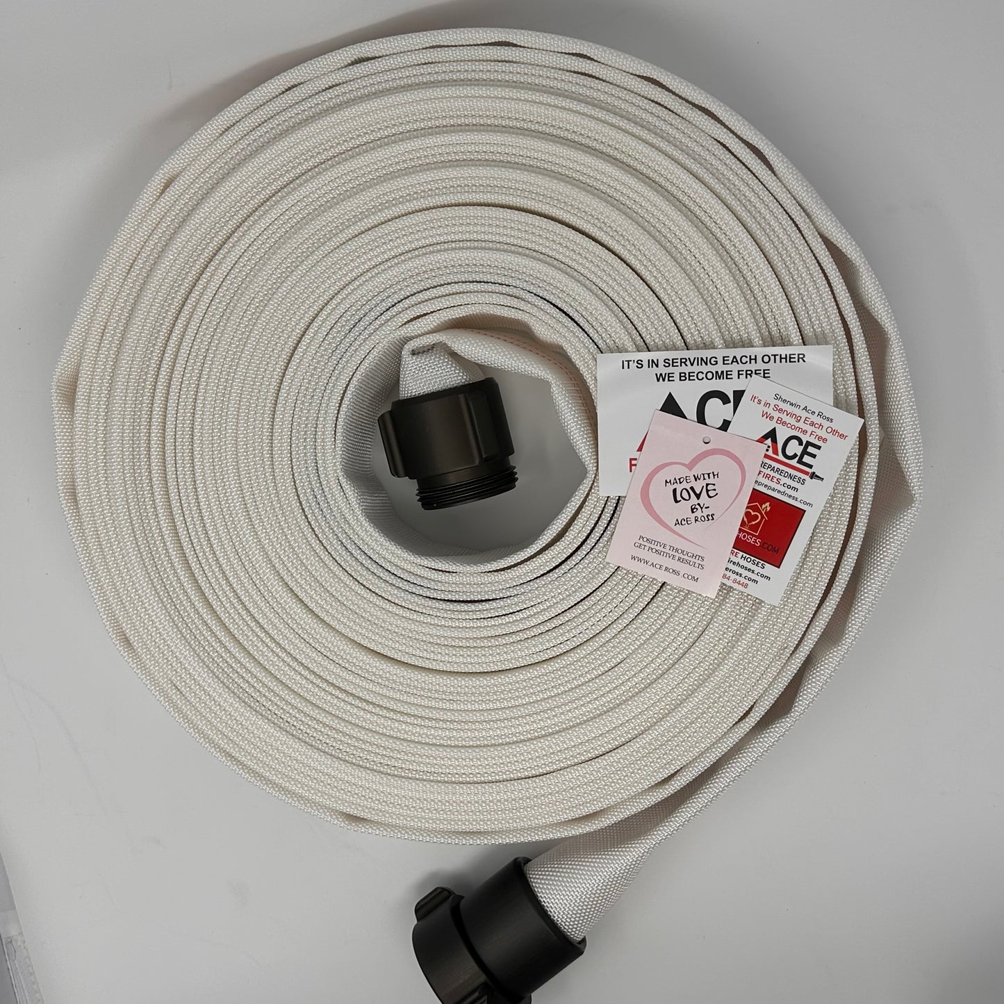 Professional Fire Hose 75’ x 1.5”, Folded or Coiled, NH /NST Aluminum Couplings, TPU Lining, FM Approved for occupant use.