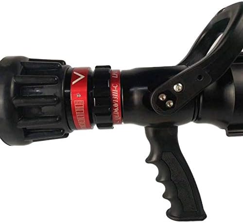 Close-up of a black fire hose nozzle with red and white label on a white background