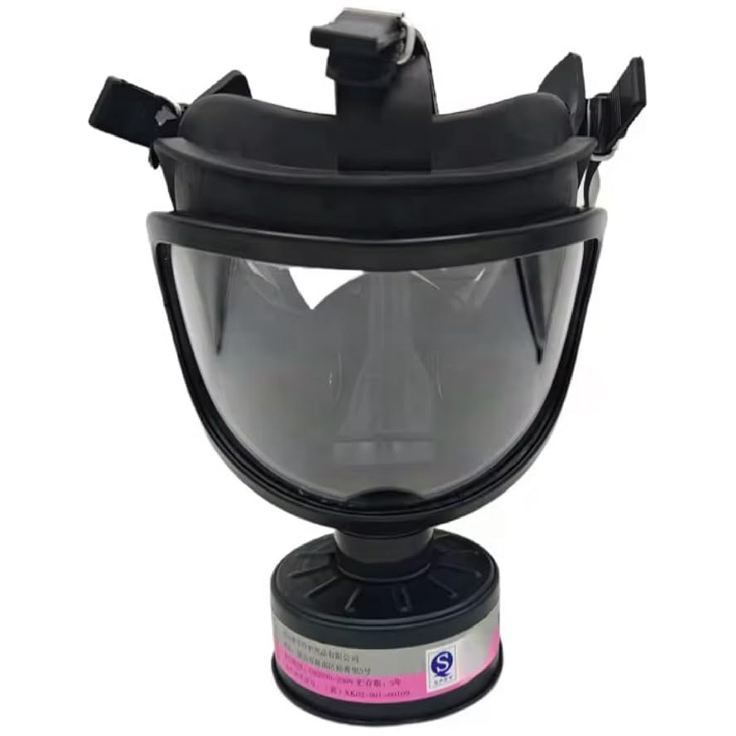 Black protective face mask with a clear visor on a white background