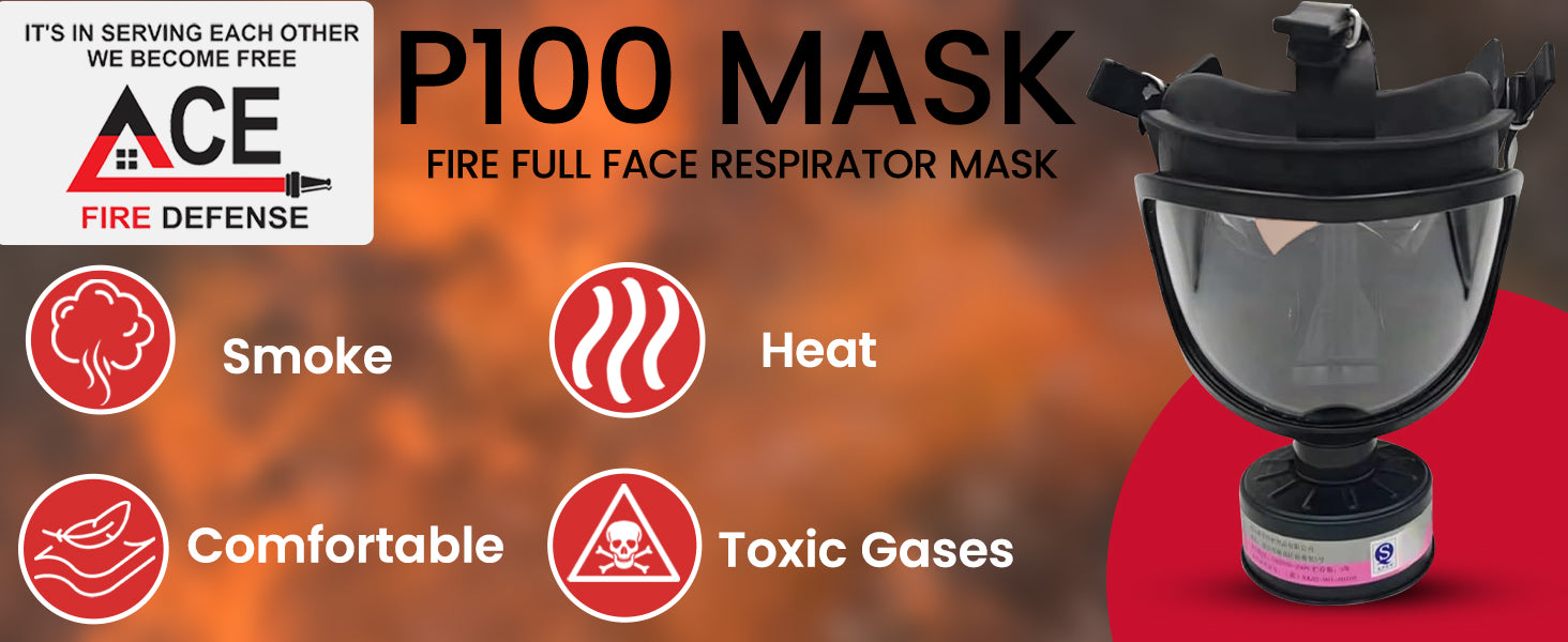 Fire full face respirator mask with ACE Fire Defense branding on a dark background