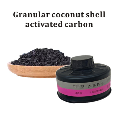 Granular coconut shell activated carbon with a container on a white background