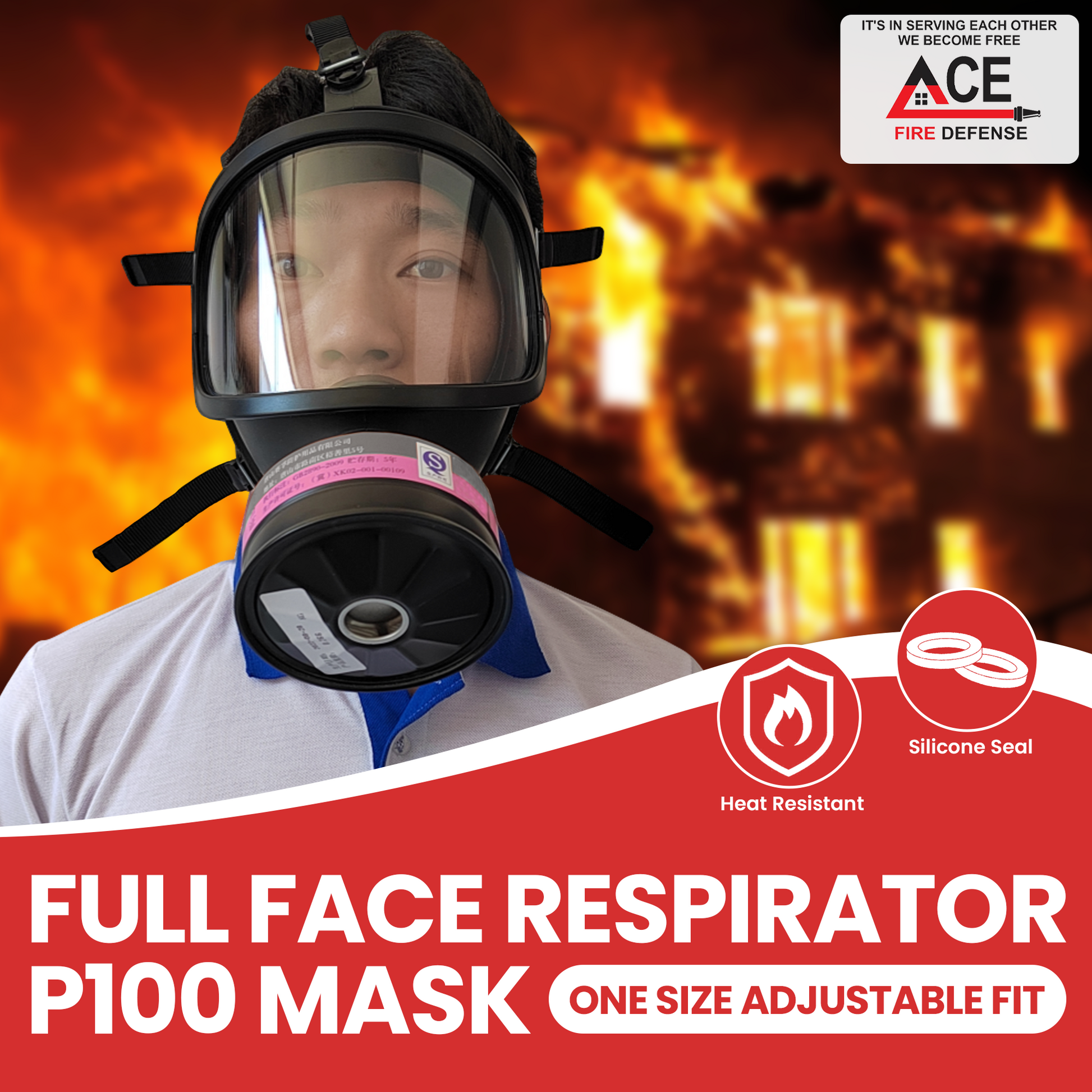 Person wearing a full face respirator with fire defense background and ACE Fire Defense branding.
