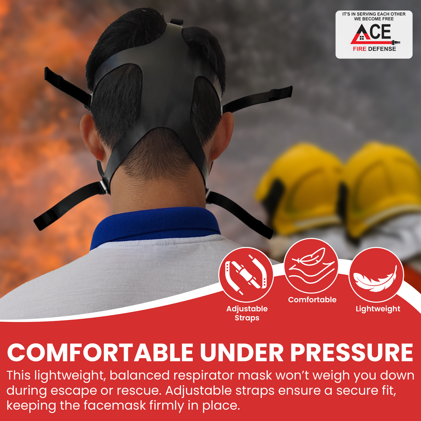 Respirator mask with adjustable straps on a firefighter background, featuring ACE Fire Defense logo.