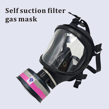 Self-suction filter gas mask with clear visor and black straps on a light gray background.