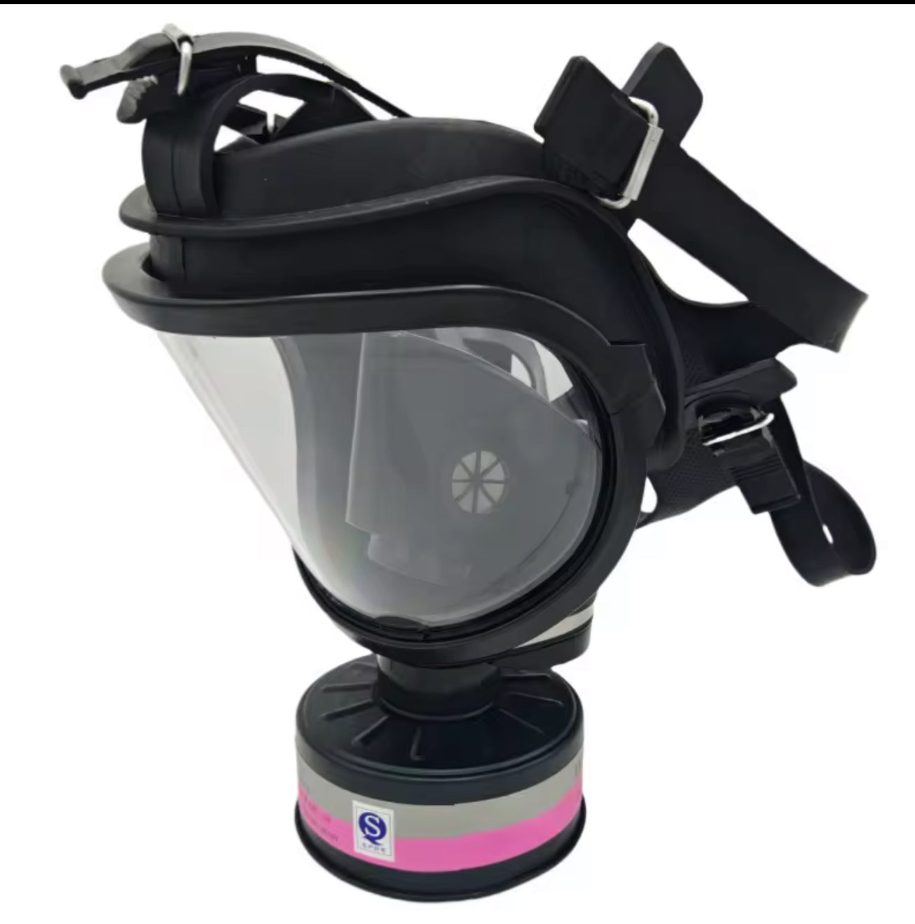 Black gas mask with clear face shield on a white background