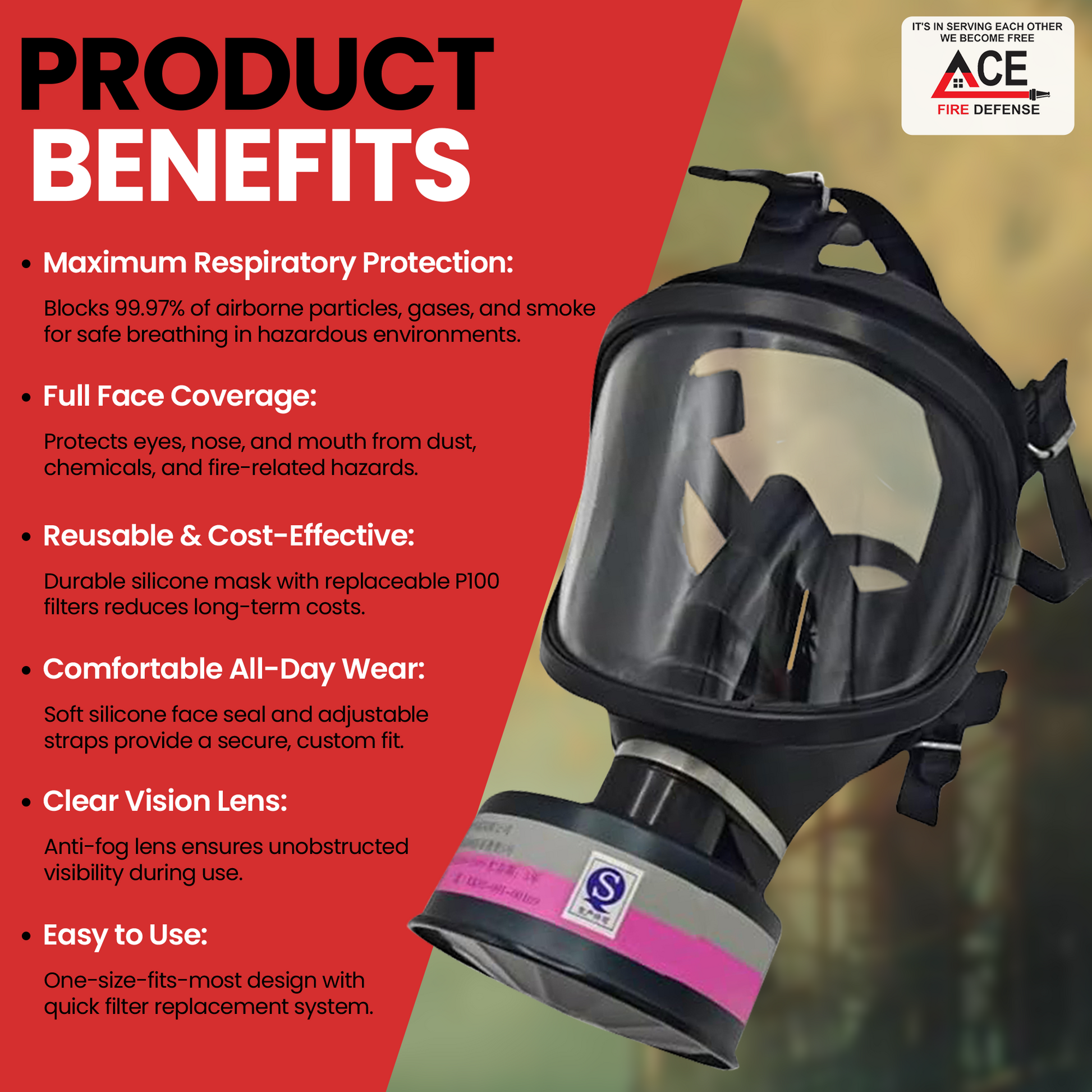 Full-face protective mask with product benefits listed on a red background, featuring the ACE Fire Defense logo.