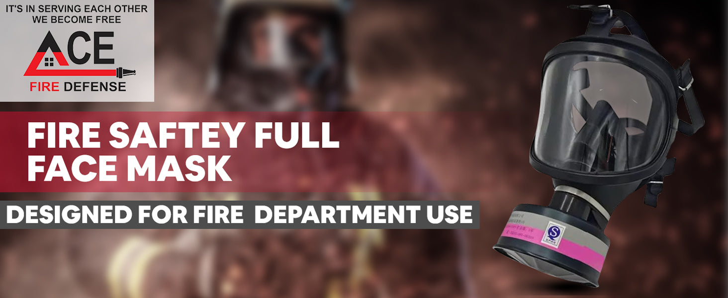 Fire safety full face mask with ACE Fire Defense branding on a blurred background