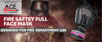 Fire safety full face mask with ACE Fire Defense branding on a blurred background