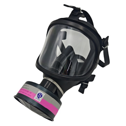 Black full-face mask with clear visor on a white background