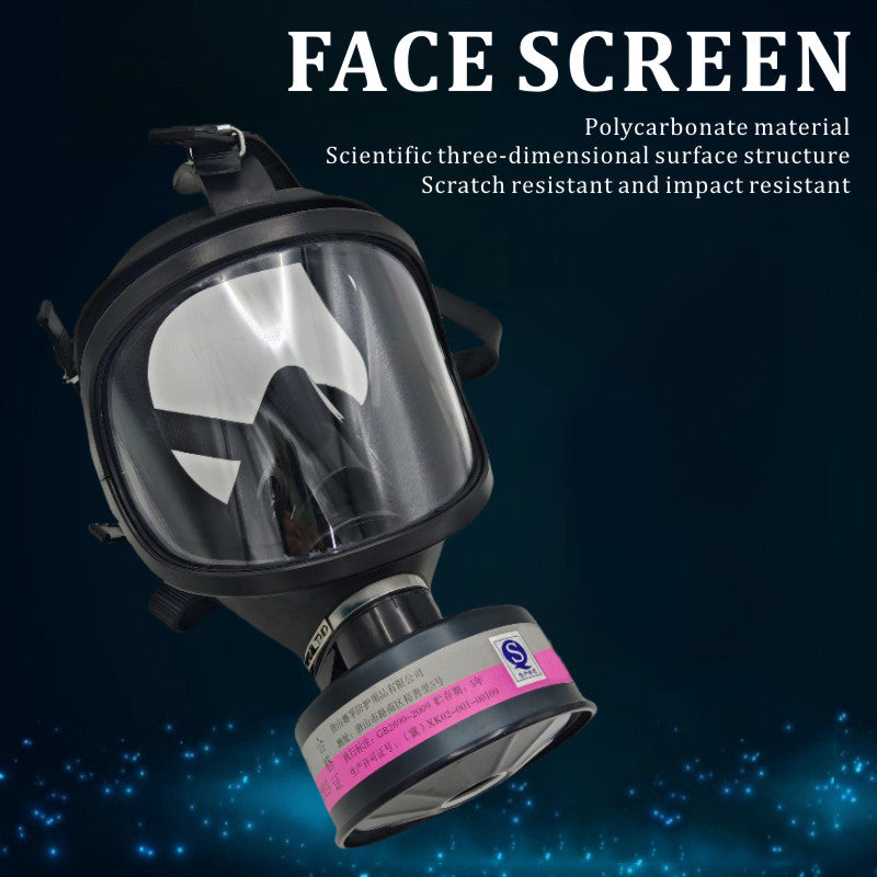 Gas mask with clear face screen on a dark background