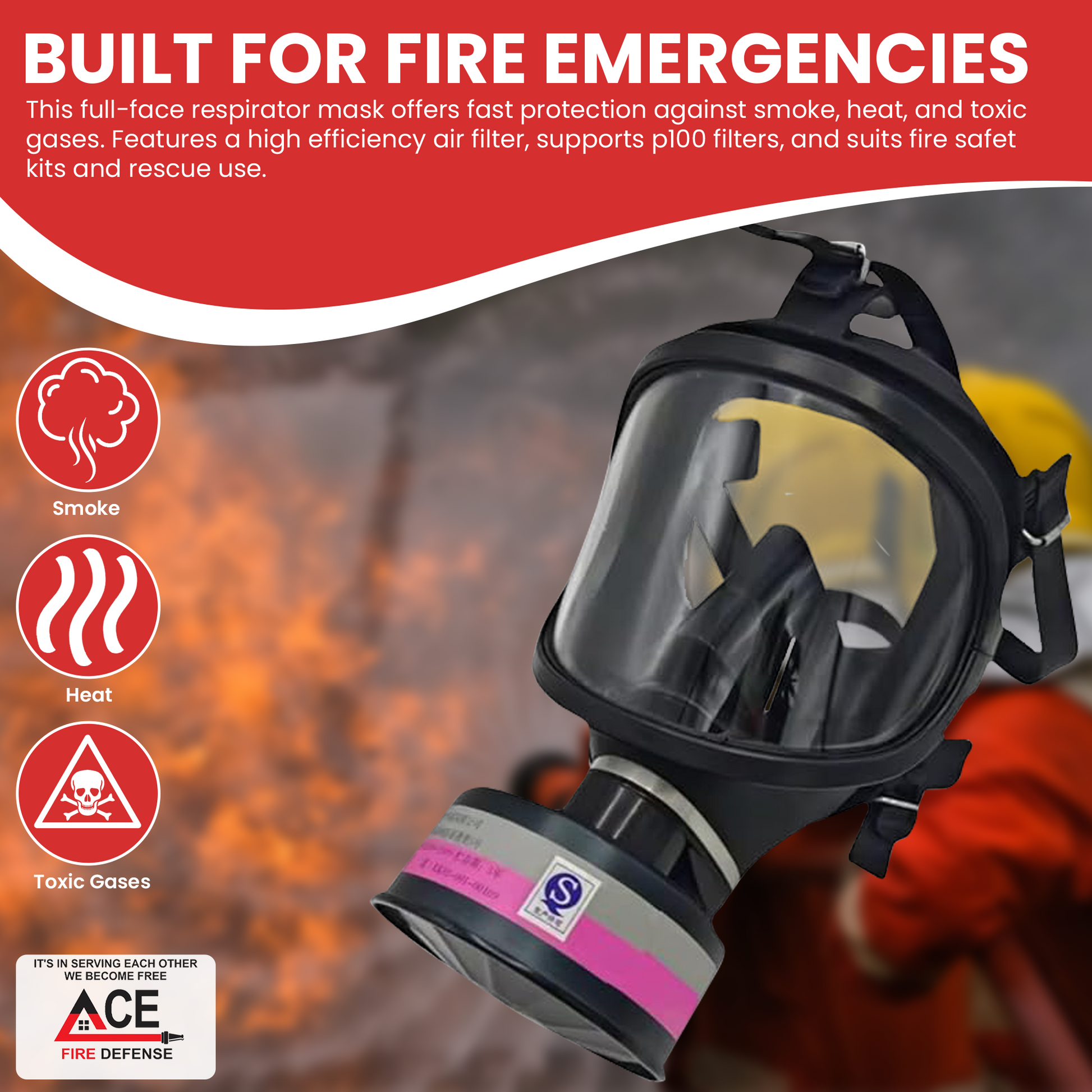 Full-face respirator mask for fire emergencies with ACE Fire Defense branding.
