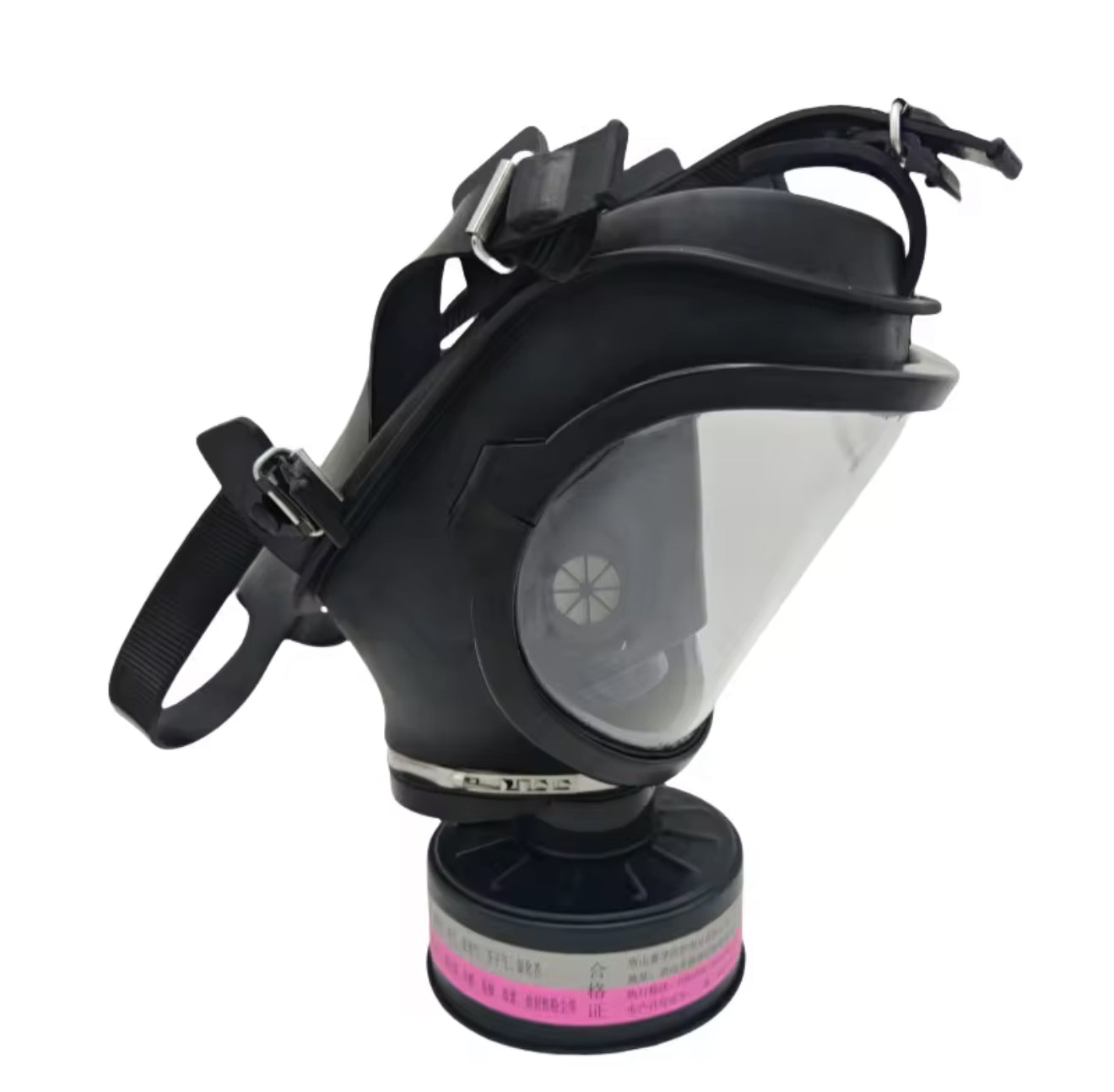 Black gas mask with a clear facepiece on a white background